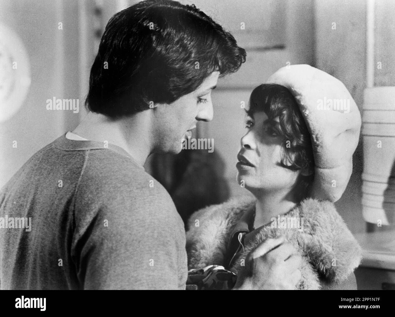 Sylvester Stallone, Talia Shire, on-set of the Film, 'Rocky', United Artists, 1976 Stock Photo