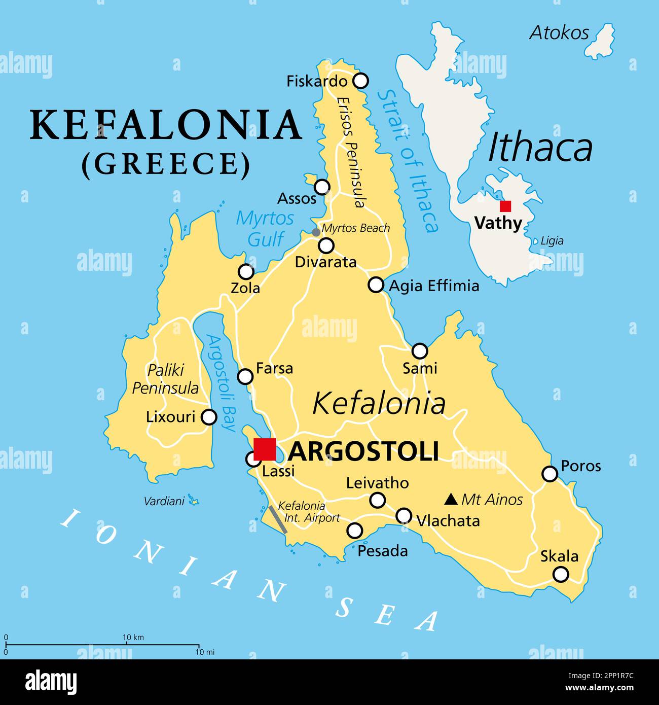 Kefalonia, Greek island, political map. Also known as Cephalonia, Kefallinia or Kephallenia, the largest Ionian Island, located in western Greece. Stock Photo