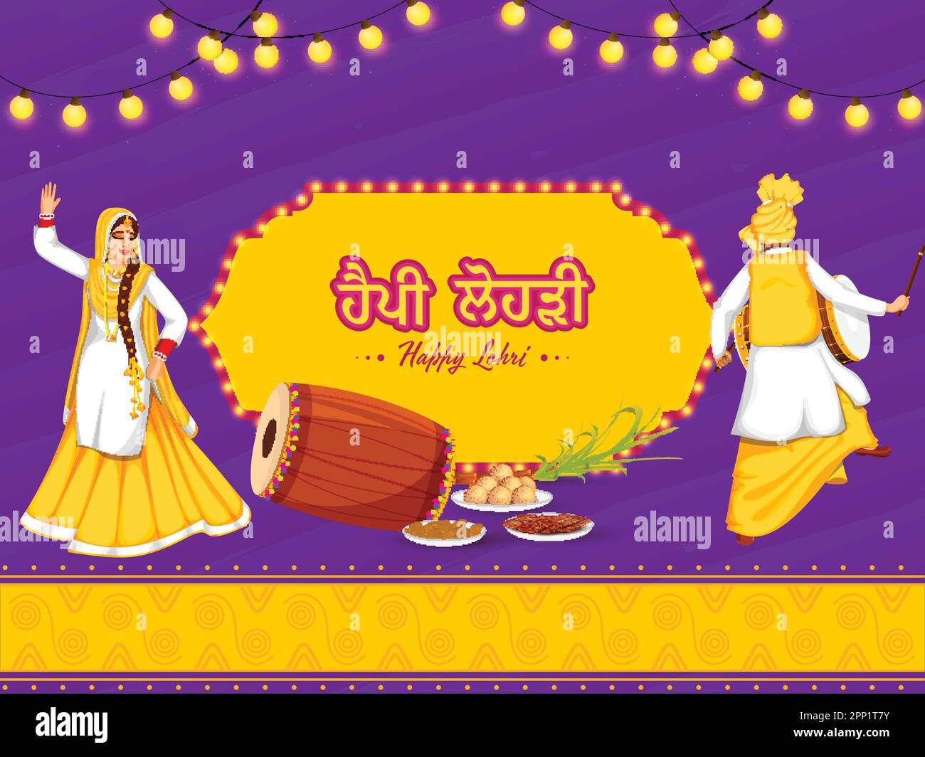 Happy Lohri Celebration Background With Punjabi Woman Doing Bhangra, Man Playing Dhol (Drum) And Food Elements. Stock Vector