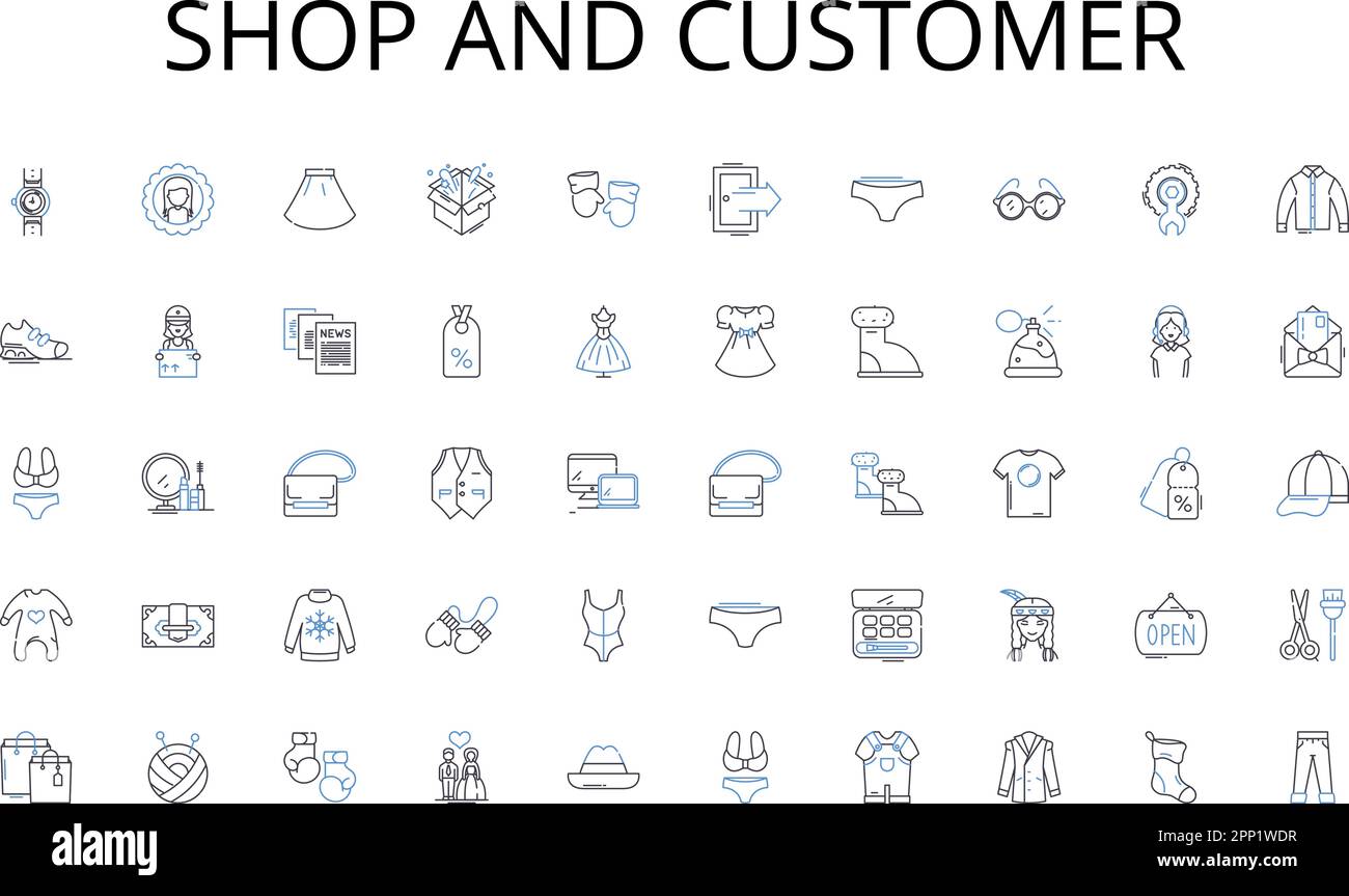 Shop and customer line icons collection. Graffiti, Concrete, Skyscrapers, Alleyways, Streetlights, Traffic, Noise vector and linear illustration Stock Vector