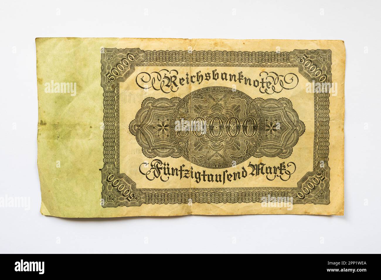 Fünfzigtausend Mark (fifty thousand Mark) banknote from the hyperinflation in November 1922. Antique money from the biggest devaluation of cash. Stock Photo