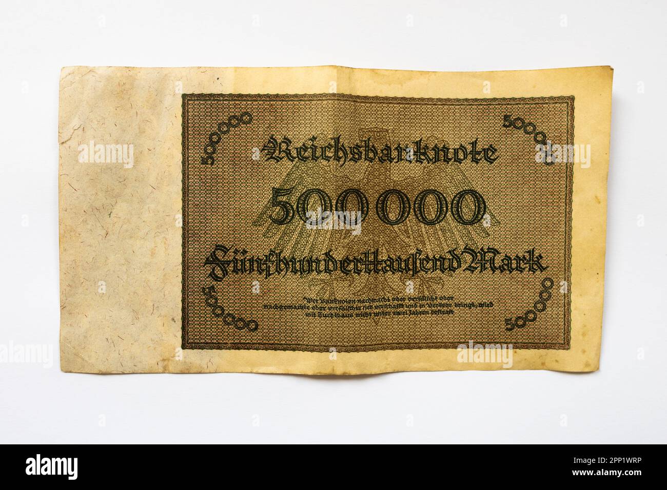Fünfhunderttausend Mark (five hundred thousand Mark) banknote from the hyperinflation in May 1923. Antique money from the biggest devaluation of cash. Stock Photo