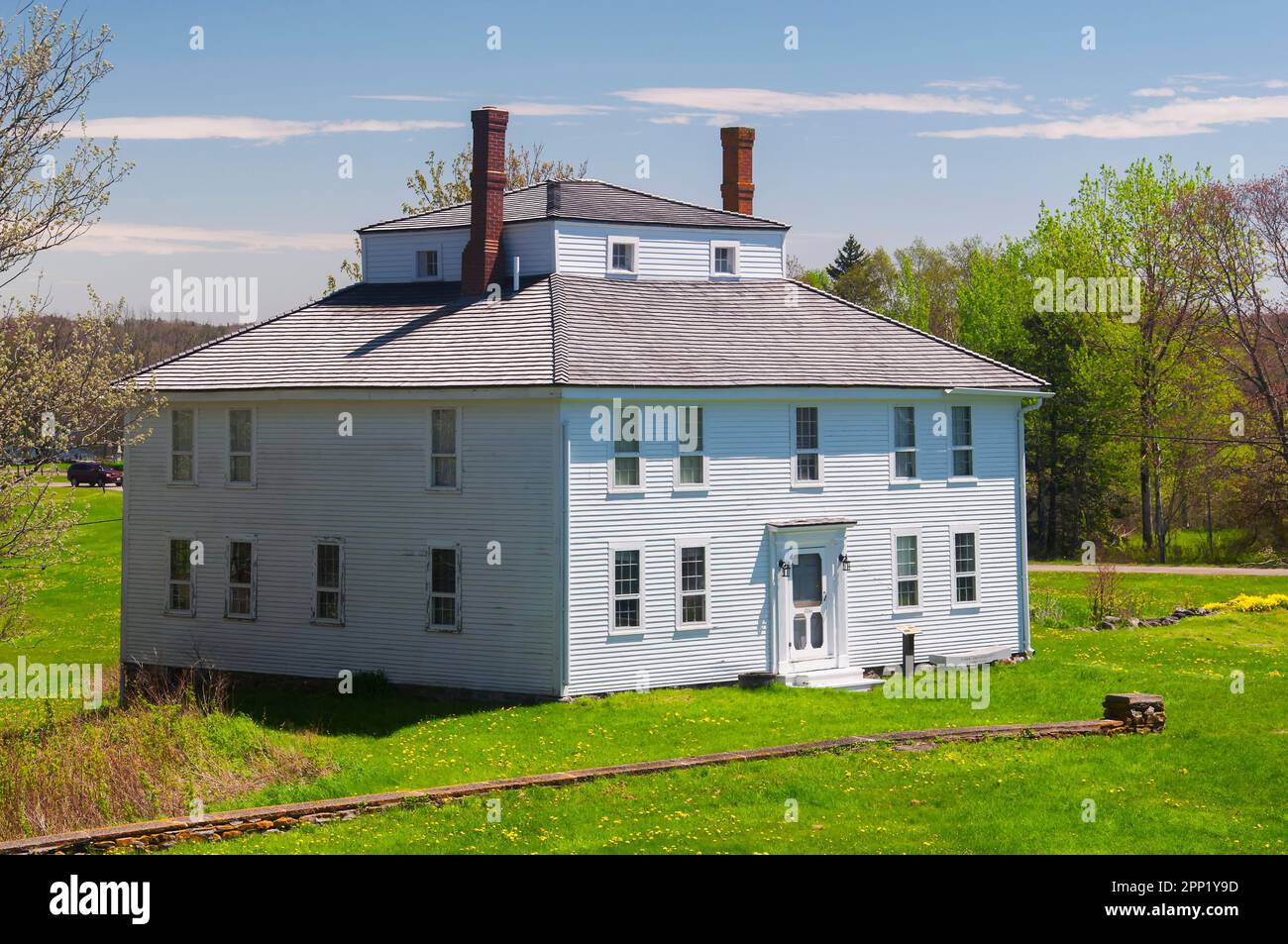 the landmark fort house at Fort William Henry in New Harbor Bristol Maine on a sunny blue sky day. Stock Photo