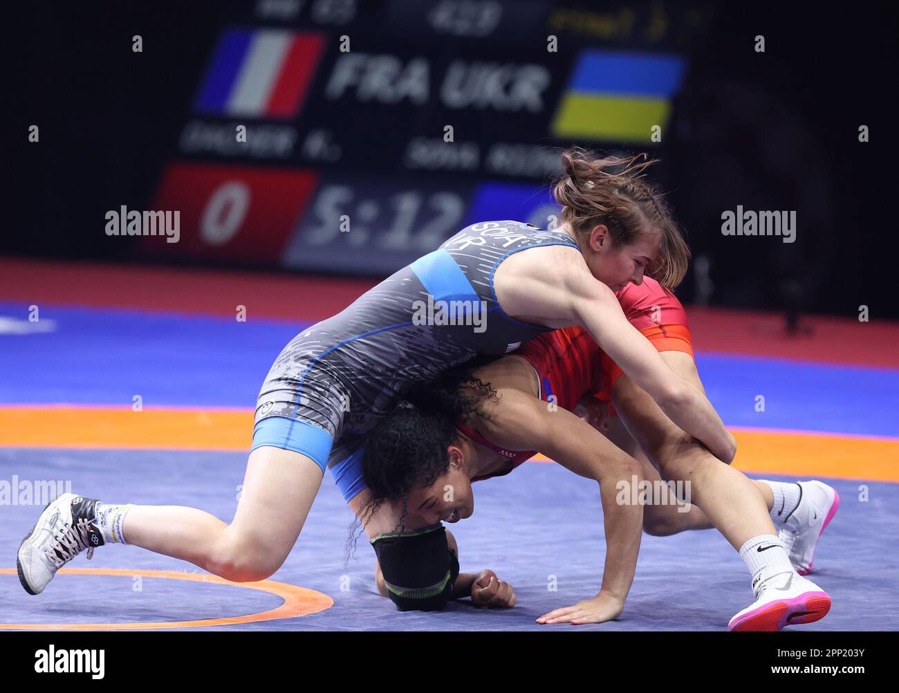 Zagreb, Croatia. 21st Apr, 2023. ZAGREB, CROATIA - APRIL 21: Kendra Augustine Jocelyne Dacher of France (red) competes against Tetiana Sova Rizhko of Ukraine (blue) during Womens's 65 kg weight Senior European Wrestling Championship bronze medal match on April 21, 2023, at Arena Zagreb in Zagreb, Croatia. Photo: Marko Prpic/PIXSELL Credit: Pixsell/Alamy Live News Stock Photo