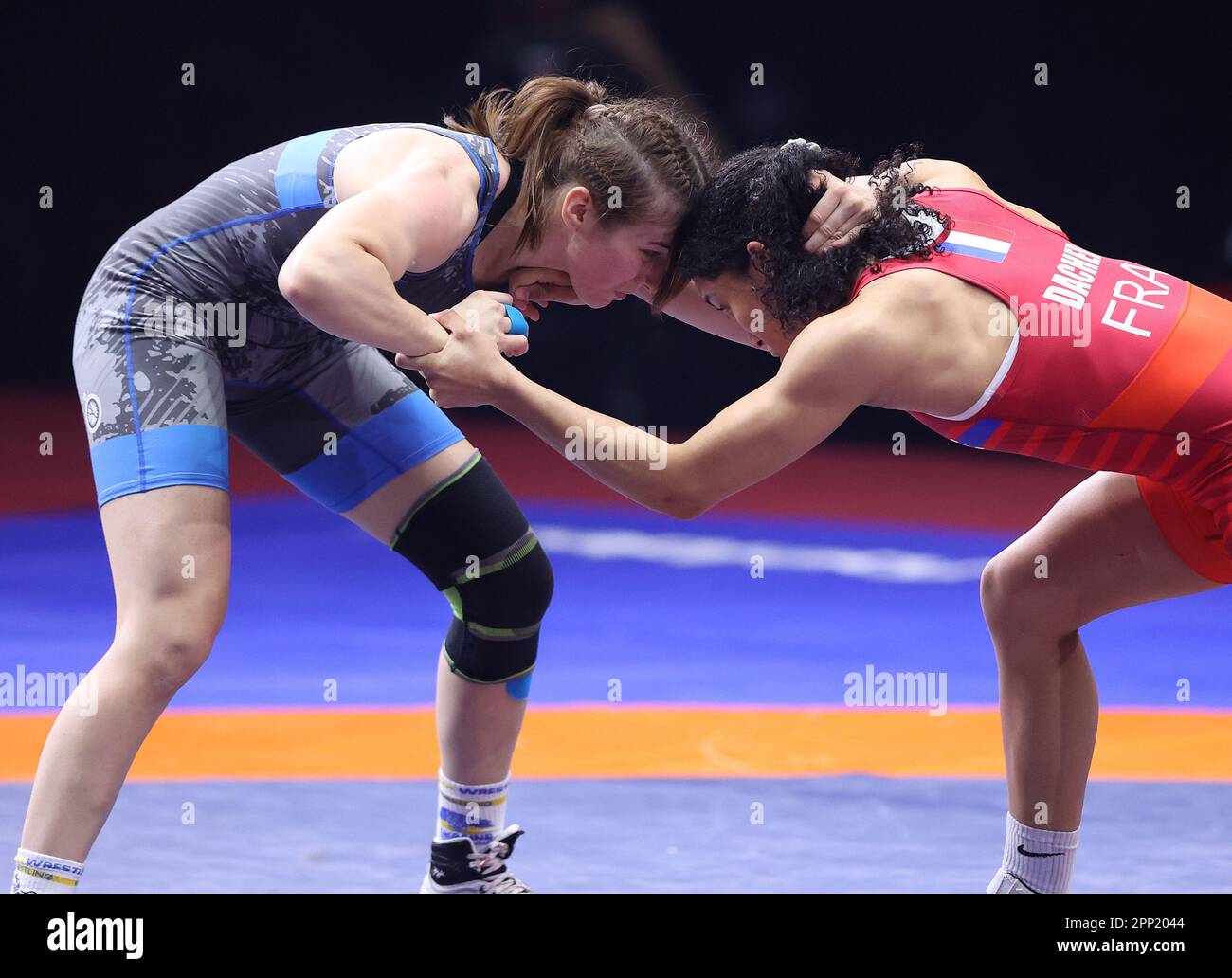 Zagreb, Croatia. 21st Apr, 2023. ZAGREB, CROATIA - APRIL 21: Kendra Augustine Jocelyne Dacher of France (red) competes against Tetiana Sova Rizhko of Ukraine (blue) during Womens's 65 kg weight Senior European Wrestling Championship bronze medal match on April 21, 2023, at Arena Zagreb in Zagreb, Croatia. Photo: Marko Prpic/PIXSELL Credit: Pixsell/Alamy Live News Stock Photo