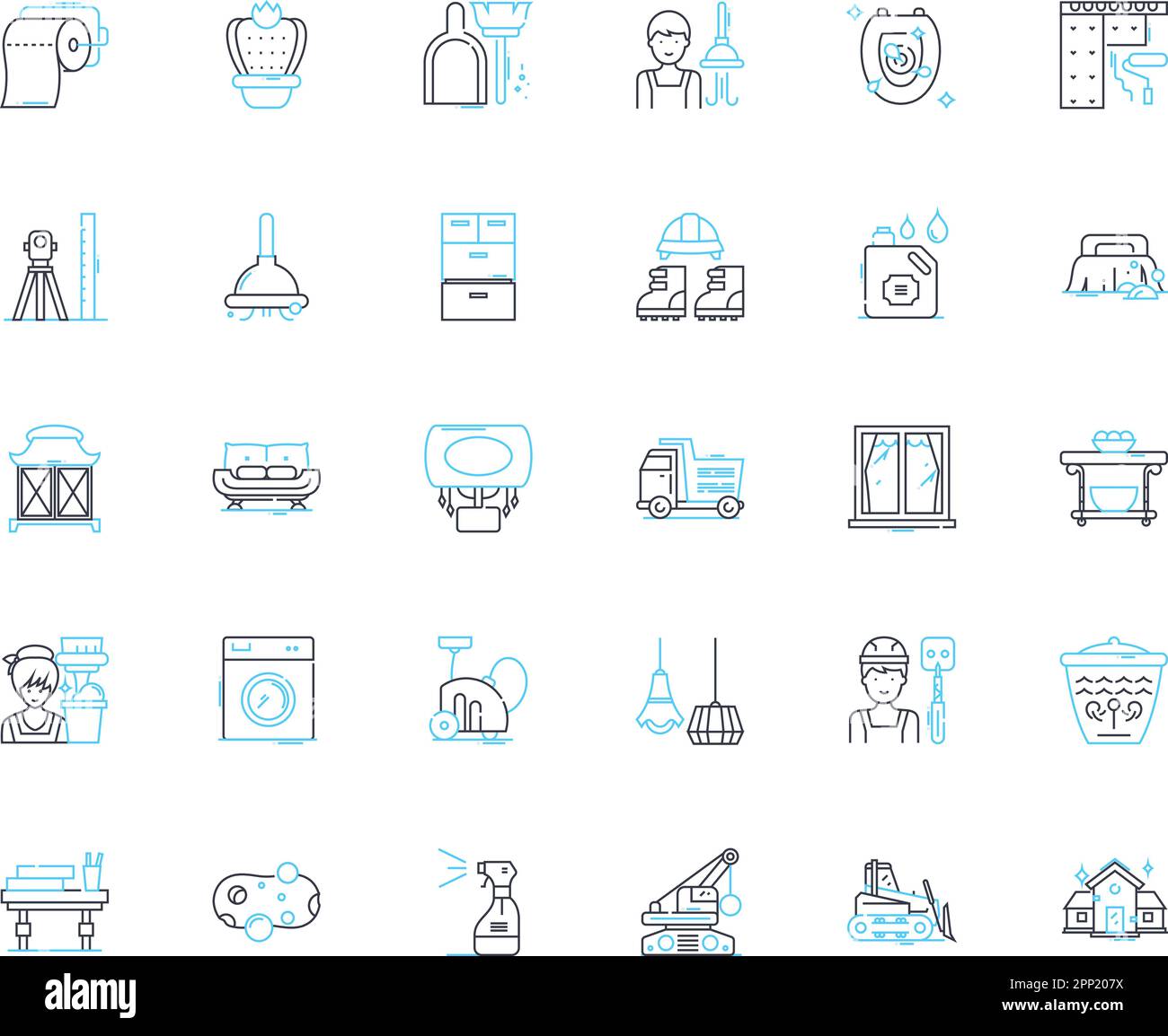 Furniture pieces linear icons set. Sofa, Chair, Table, Bed, Desk, Ottoman, Bench line vector and concept signs. Stool,Cabinet,Bookcase outline Stock Vector