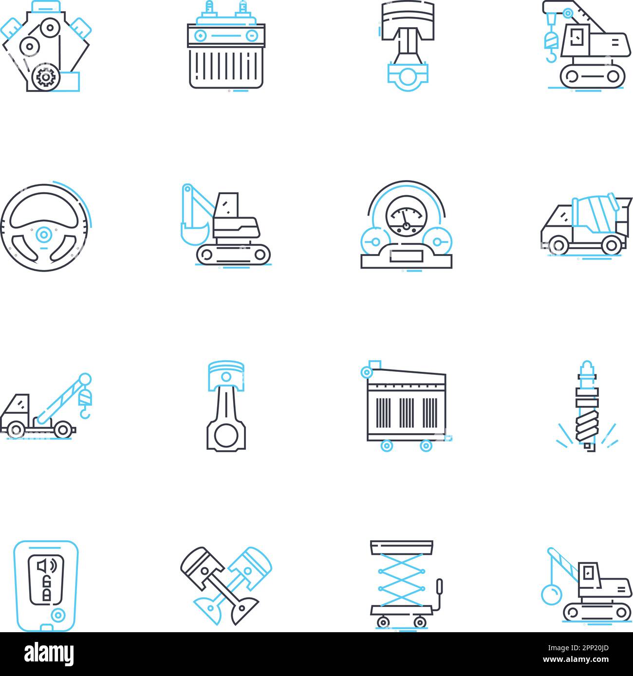 Car repairs linear icons set. Brakes, Transmission, Engine, Suspension, Tires, Battery