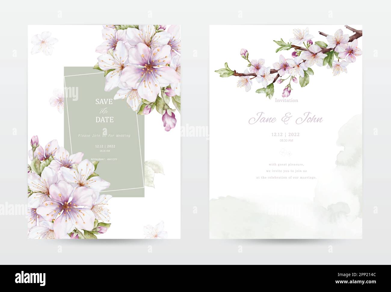 Watercolor cherry blossoms blooming invitation template cards set. Green collection watercolor flowers vector is suitable for Wedding invitations, sav Stock Vector