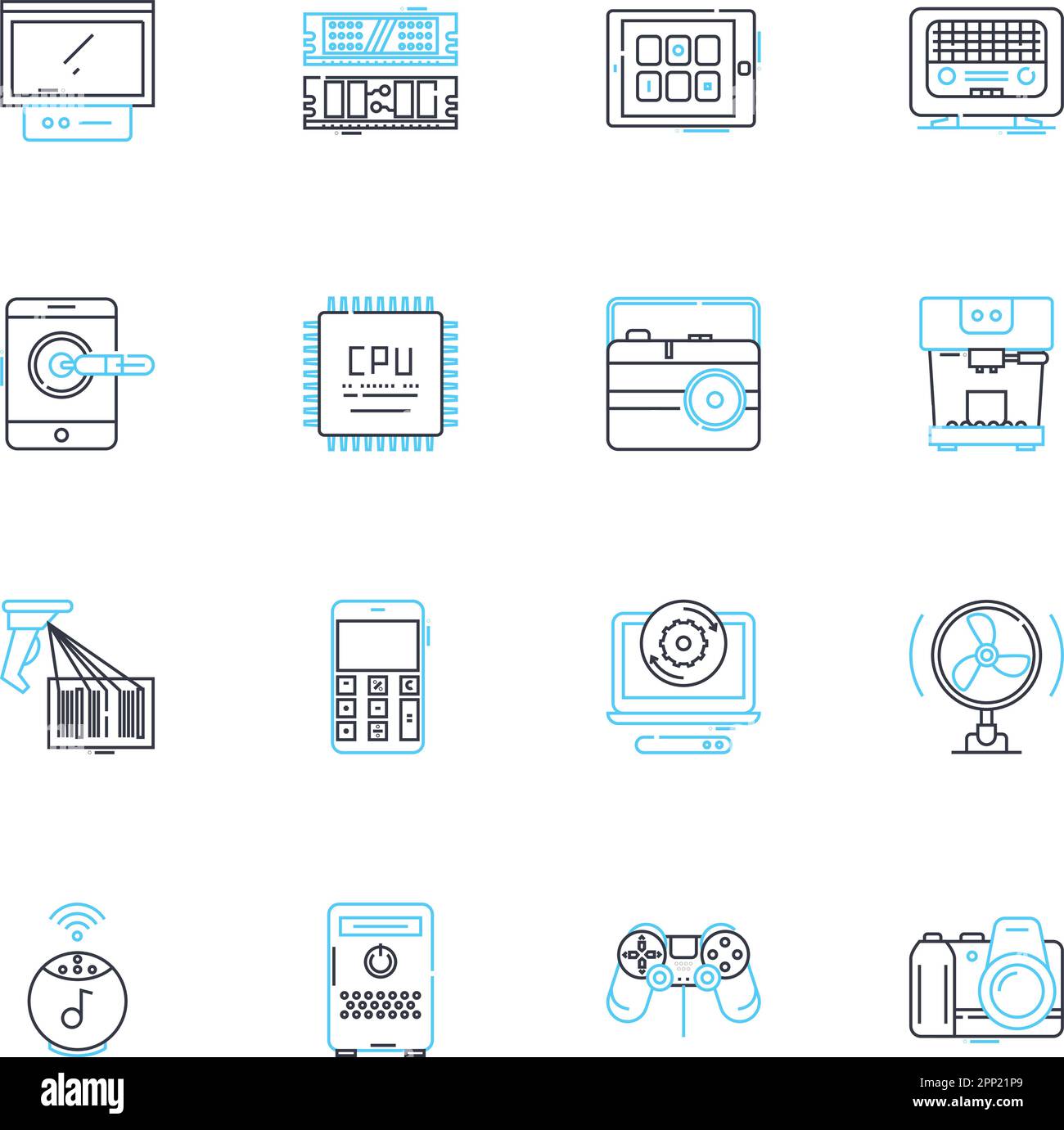 Computer gear linear icons set. Keyboard, Mouse, Monitor, CPU, Graphics ...