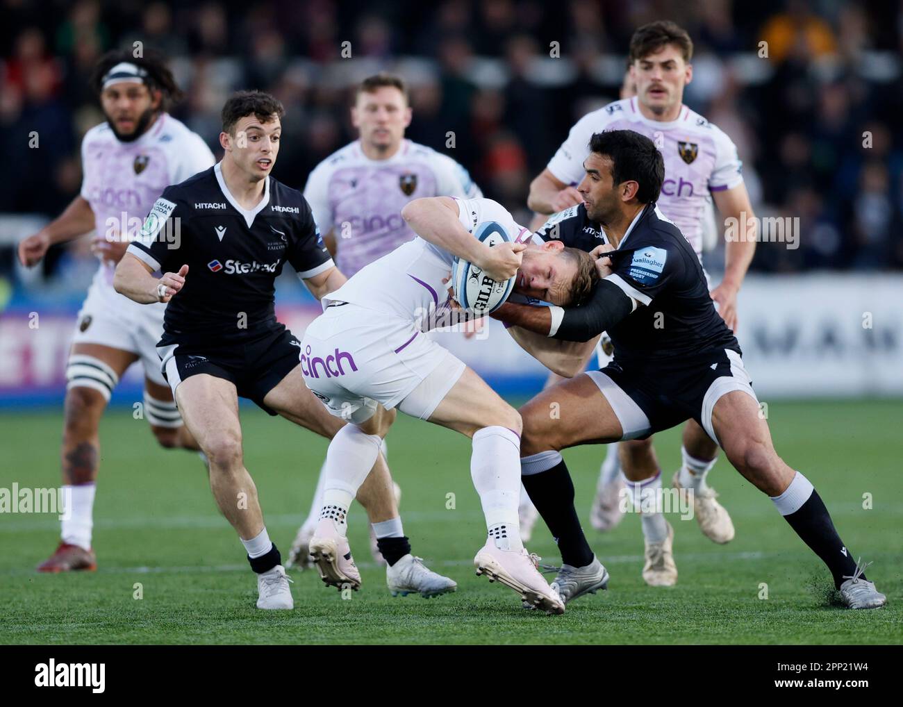Northampton Saints' Rory Hutchinson (centre) in action during the Gallagher Premiership match at Kingston Park, Newcastle upon Tyne. Picture date: Friday April 21, 2023. Stock Photo