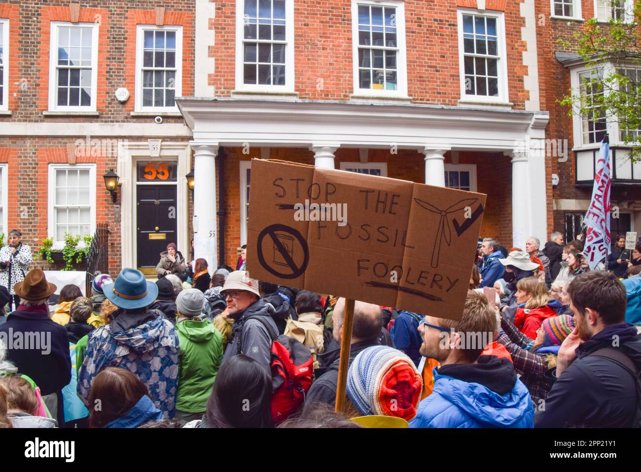 London, UK. 21st April 2023. Protesters gather outside 55 Tufton Street as Extinction Rebellion begin their 4-day protest demanding that the government shifts away from fossil fuels and acts on the climate crisis. Credit: Vuk Valcic/Alamy Live News Stock Photo