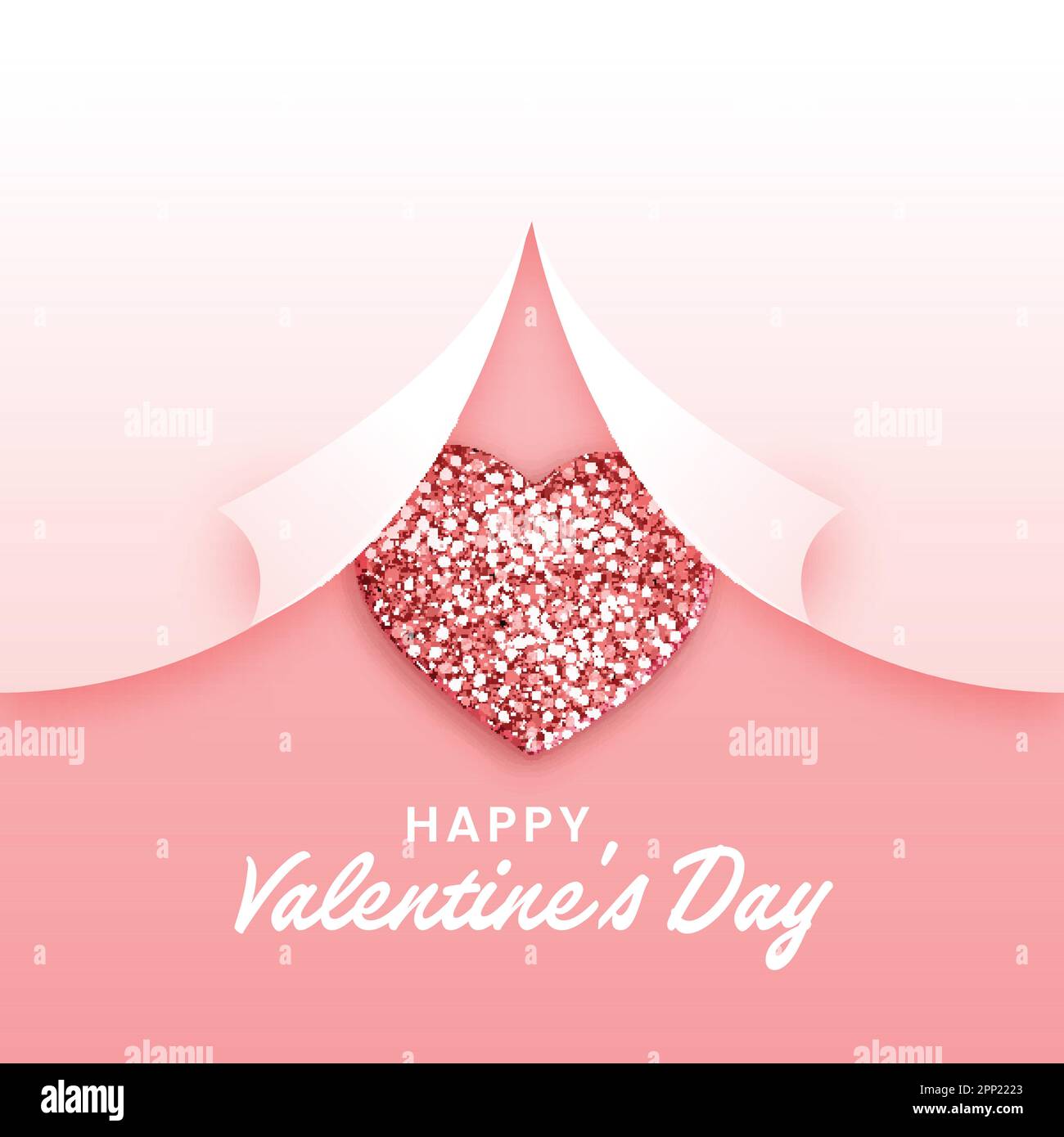 Curled Paper Style White And Pastel Red Background With Glittering Heart And Happy Valentine's Day Font. Stock Vector