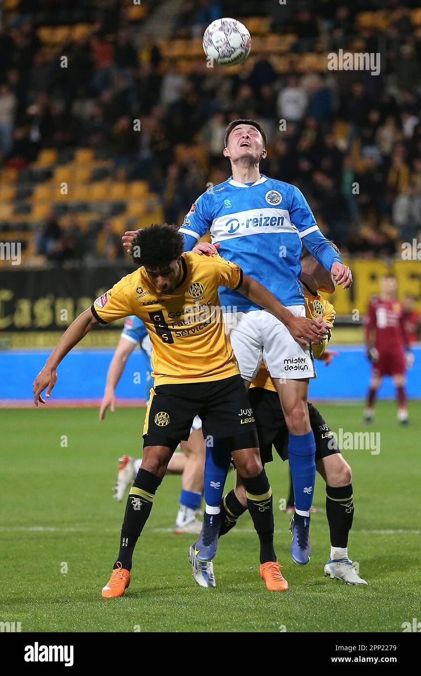 KERKRADE, Netherlands. 21st Apr, 2023. football, Dutch Keuken Kampioen  Divisie, Roda JC - Den Bosch, Parkstad Limburg Stadium, season 2022/2023,  FC Den Bosch player Ryan Leijten and Roda JC Kerkrade player Terrence, image size:866x1390