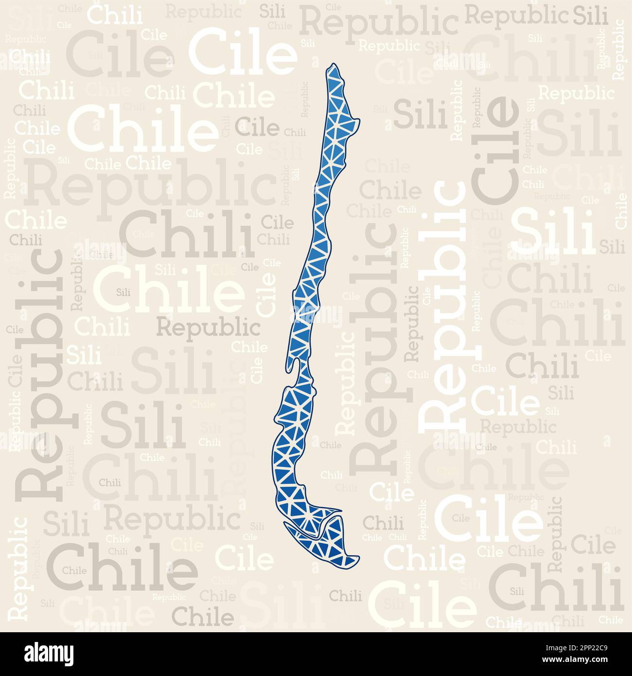 CHILE map design. Country names in different languages and map shape
