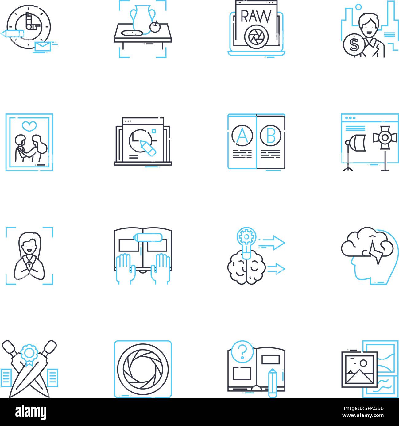 Cinematography linear icons set. Frame, Composition, Lighting, Exposure, Focus, Shot, Scene line vector and concept signs. Lens,Angle,Movement outline Stock Vector