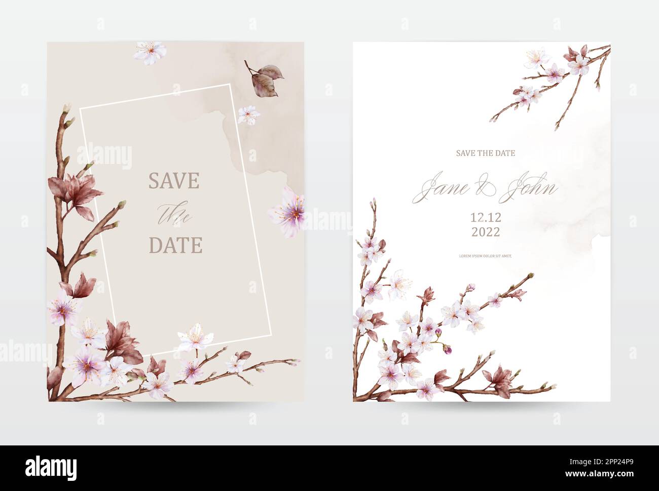 Watercolor cherry blossoms blooming invitation template cards set. Collection viva magenta watercolor flowers vector is suitable for Wedding invitatio Stock Vector