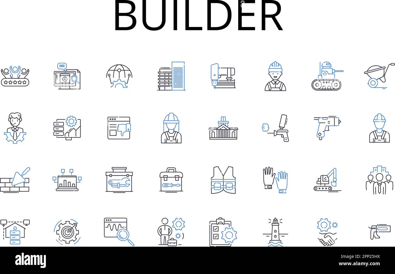 Builder line icons collection. Architect, Constructor, Contractor, Craftsman, Fabricator, Manufacturer, Producer vector and linear illustration Stock Vector