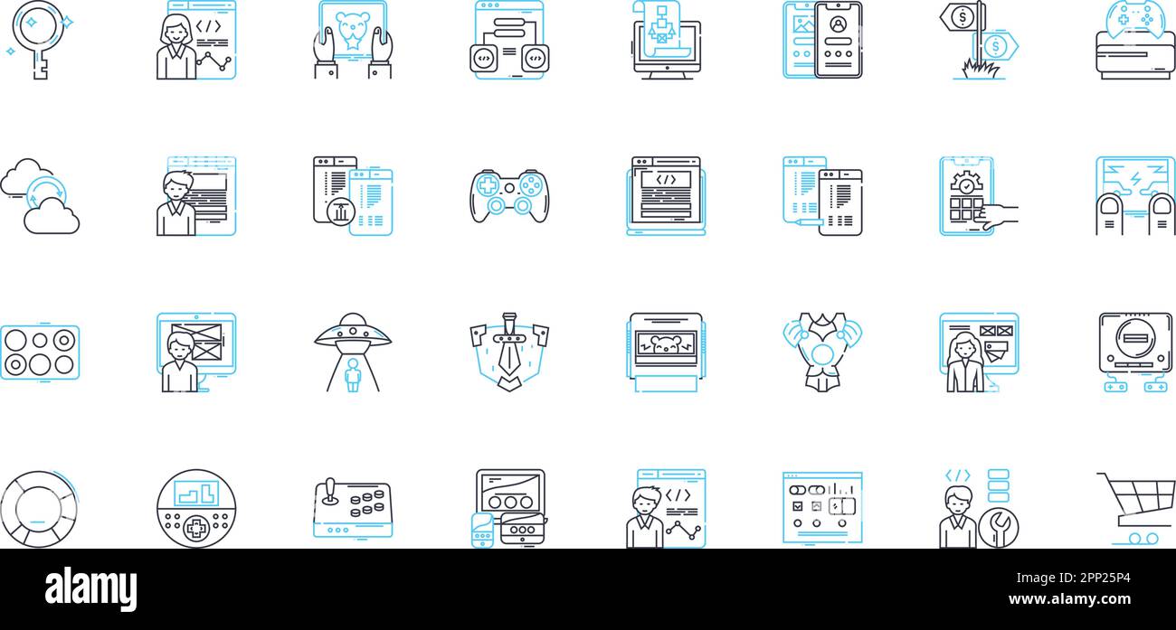 Virtual sports linear icons set. Simulations, Gaming, Technology, Challenges, Excitement, Competitions, Thrills line vector and concept signs. Action Stock Vector
