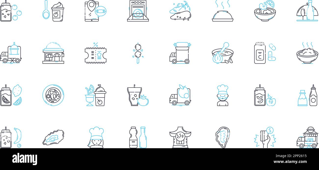 Food production sector linear icons set. Agriculture, Harvest, Cultivation, Irrigation, Planting, Farming, Fertilizer line vector and concept signs Stock Vector