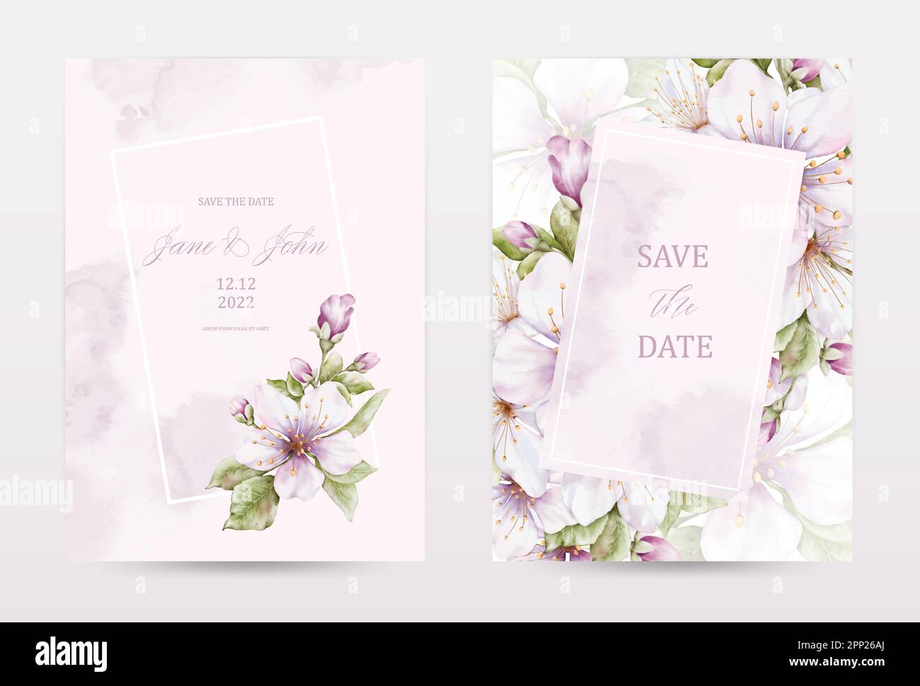 Watercolor cherry blossoms blooming invitation template cards set. Pink collection watercolor flowers vector is suitable for Wedding invitations, save Stock Vector