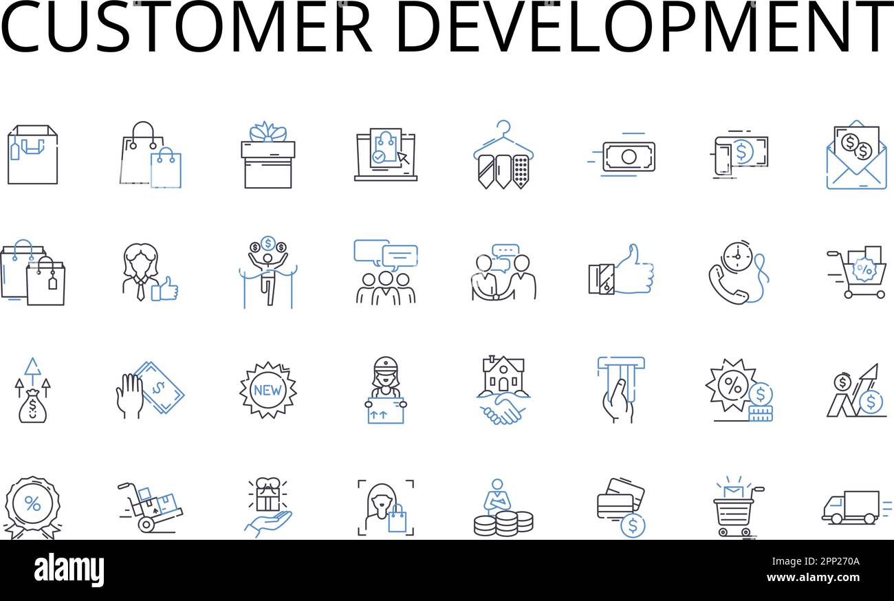 Customer Development line icons collection. Sales Growth, Team Building, Product Innovation, Branding Strategy, Marketing Research, Market Stock Vector