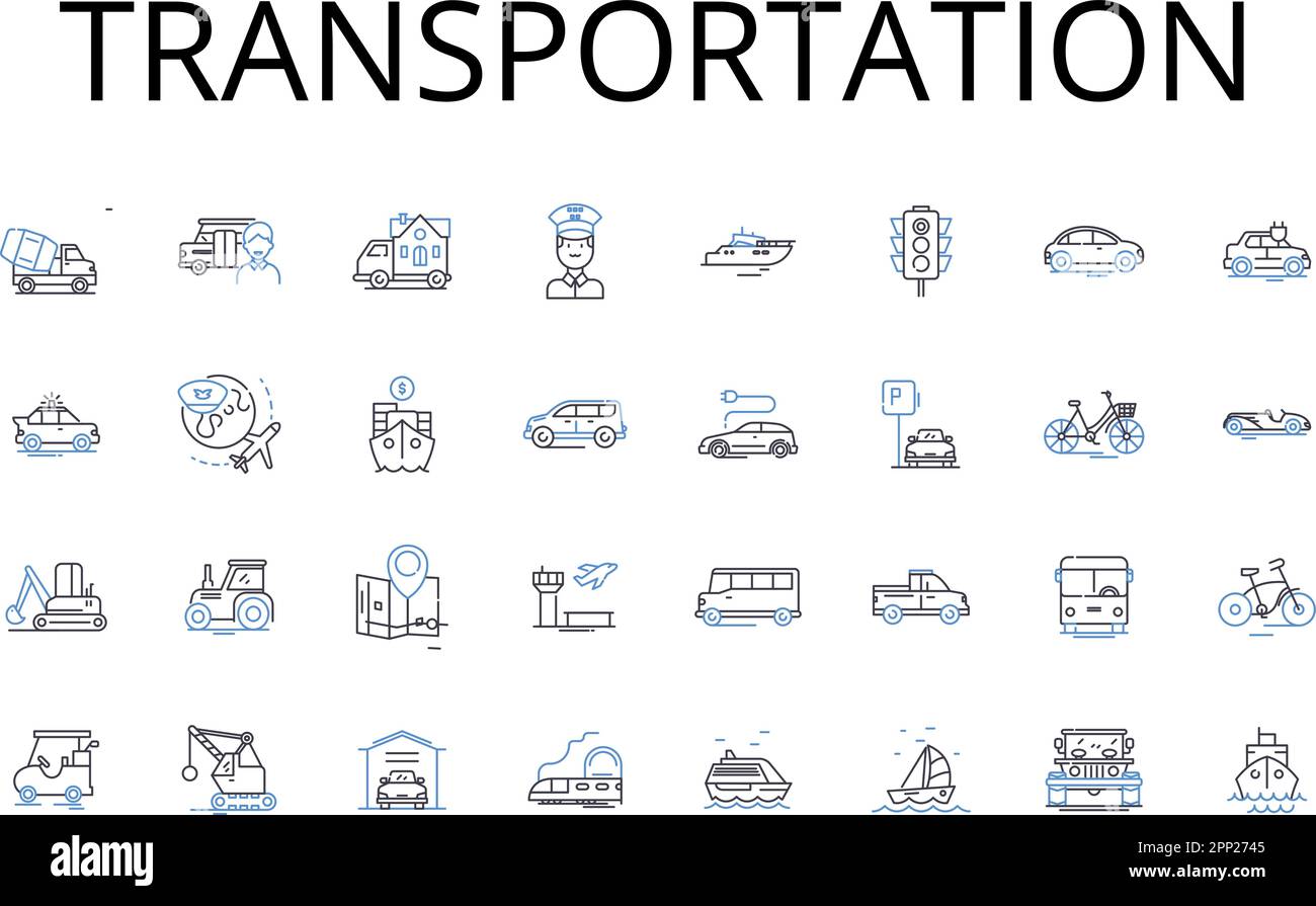 Transportation line icons collection. Commute, Transit, Travel, Conveyance, Carriage, Convoy, Haulage vector and linear illustration. Shipment,Freight Stock Vector