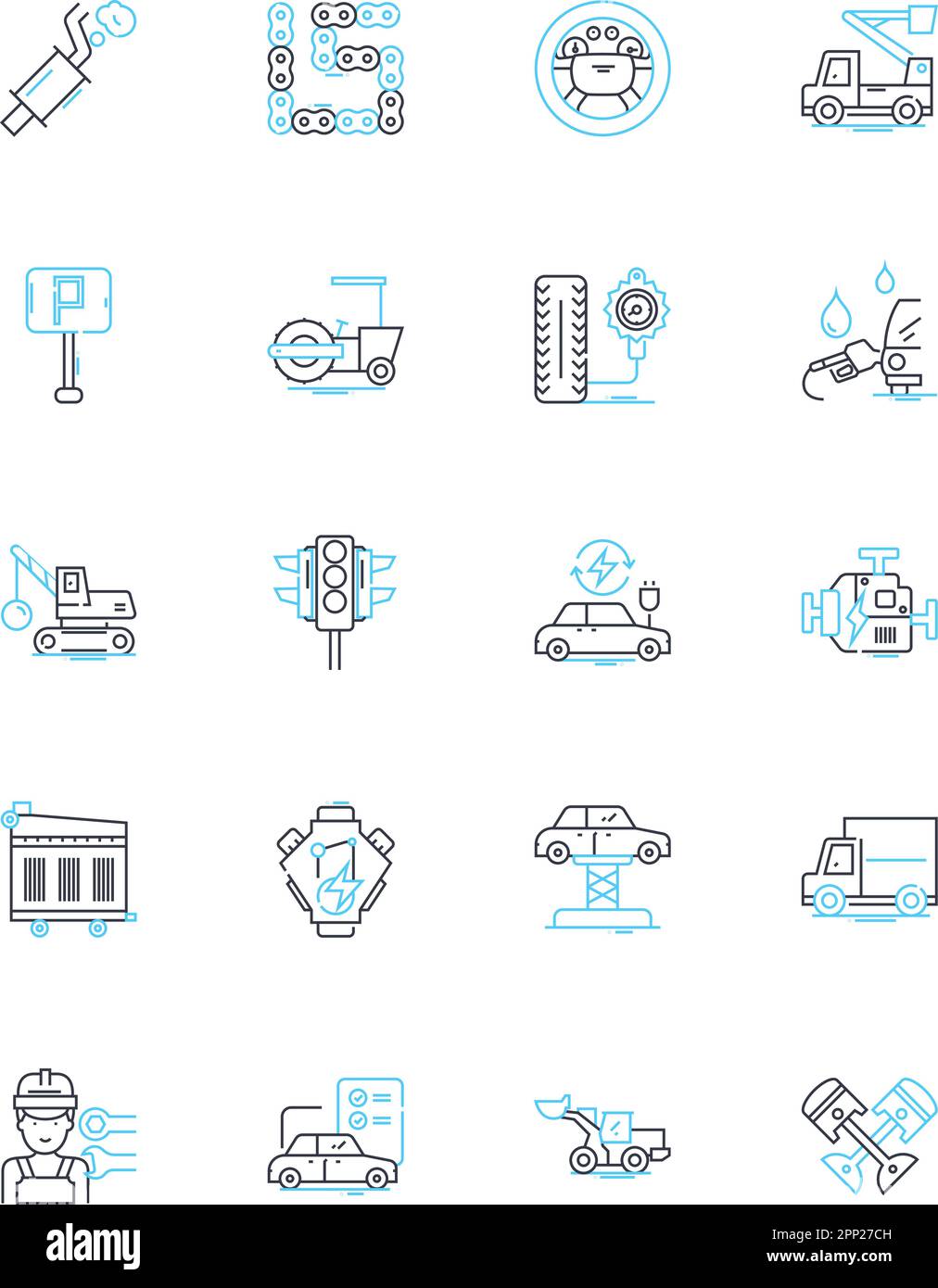 Car compnts linear icons set. Engine, Transmission, Suspension, Brakes, Steering, Wheels, Axles