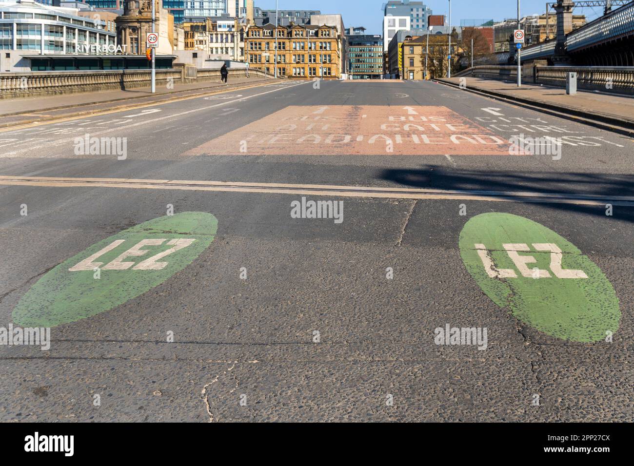 Road markings indication the start of the Low Emission Zone, LEZ, on the approach to Glasgow city centre, Scotland, UK Stock Photo