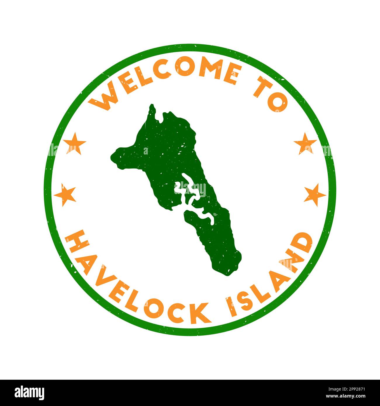 Welcome to Havelock Island stamp. Grunge island round stamp with texture in Mango Madness color theme. Vintage style geometric Havelock Island seal. A Stock Vector