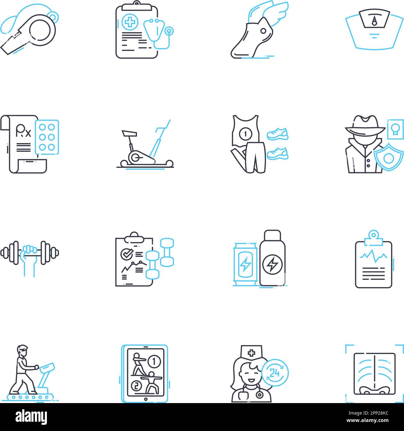 Sports medicine linear icons set. Treatment, Rehabilitation, Injury, Prevention, Physical therapy, Conditioning, Performance line vector and concept Stock Vector