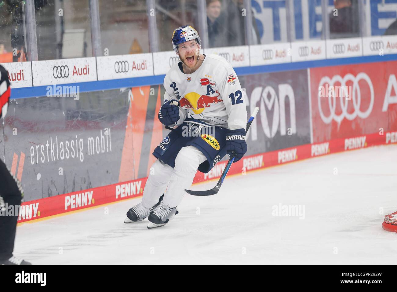 Ingolstadt, Germany. 21st Apr, 2023. Ice hockey: DEL, ERC Ingolstadt - EHC Red Bull München, championship round, final, Matchday 4, Saturn Arena. Benjamin Smith (l) of EHC Munich celebrates after his goal for 1:0. Credit: Daniel Löb/dpa/Alamy Live News Stock Photo