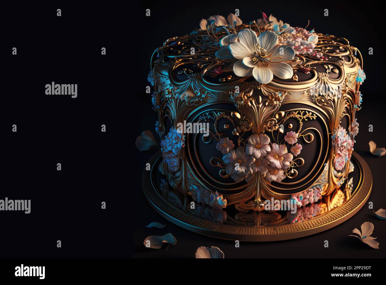 The futuristic luxury cake, decorated with shining jewels, art creation