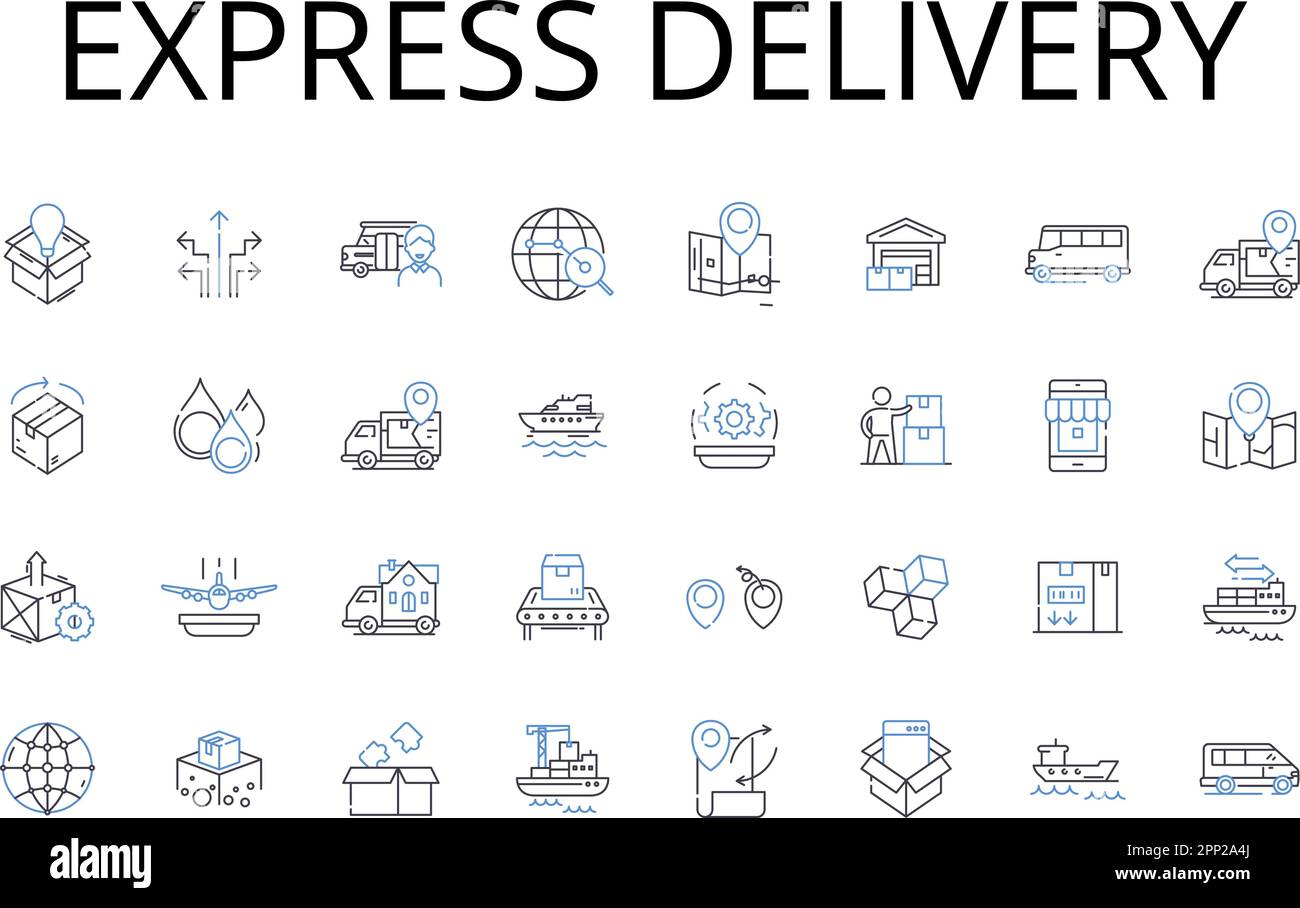 Express delivery line icons collection. Rapid shipment, Swift delivery, Brief dispatch, Quick transport, Fast courier, Immediate transit, Expedited Stock Vector