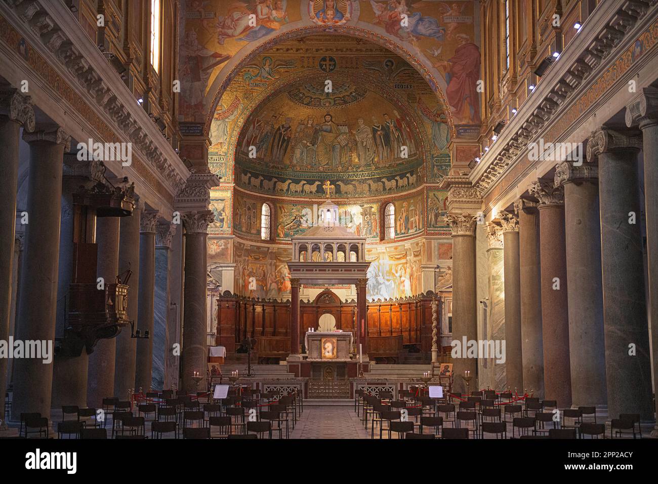 ROME, ITALY - FEBRUARY 11, 2022: Finely detailed mosaics adorn the Apse of Santa Maria in Trastevere. Stock Photo