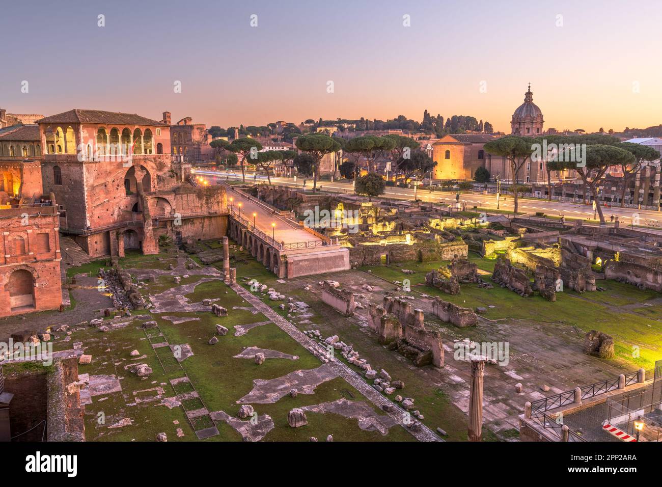 Rome, Italy overlooking Trajan's Forum at dusk. Stock Photo