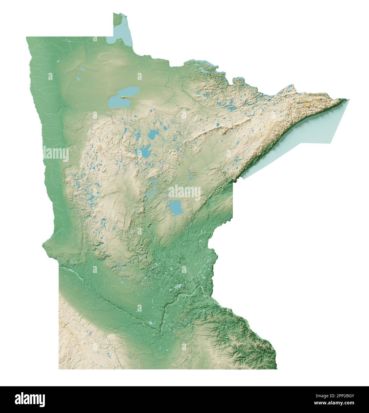 The US state of Minnesota. 3D rendering of shaded relief map with  water bodies. Colored by elevation. White background. Created with satellite data. Stock Photo