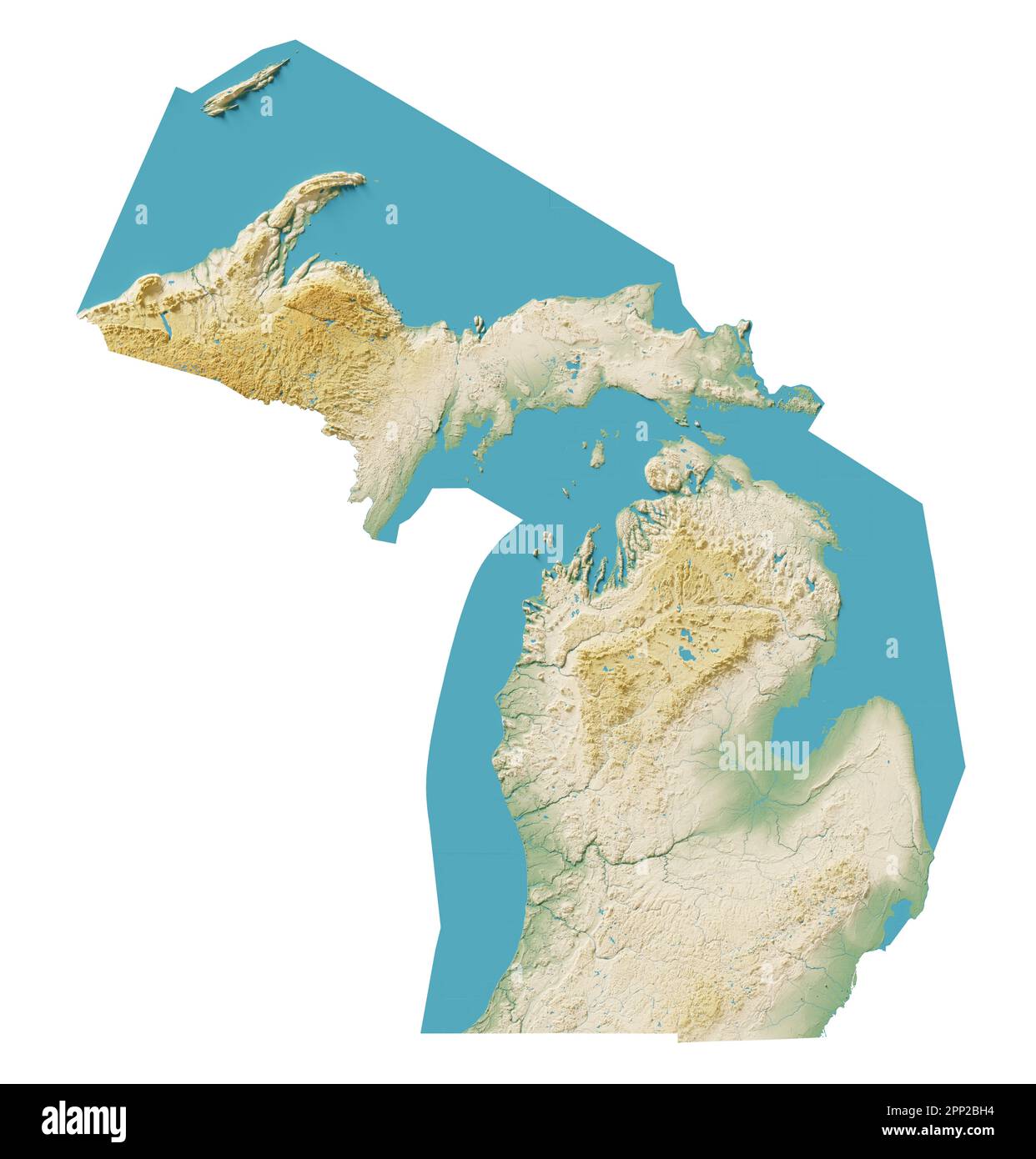 The US state of Michigan. 3D rendering of shaded relief map with  water bodies. Colored by elevation. White background. Created with satellite data. Stock Photo