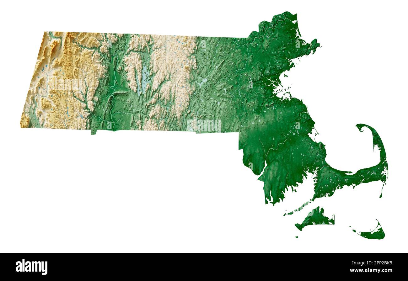 The US state of Massachusetts. 3D rendering of shaded relief map.  Water bodies. Colored by elevation. White background. Created with satellite data. Stock Photo
