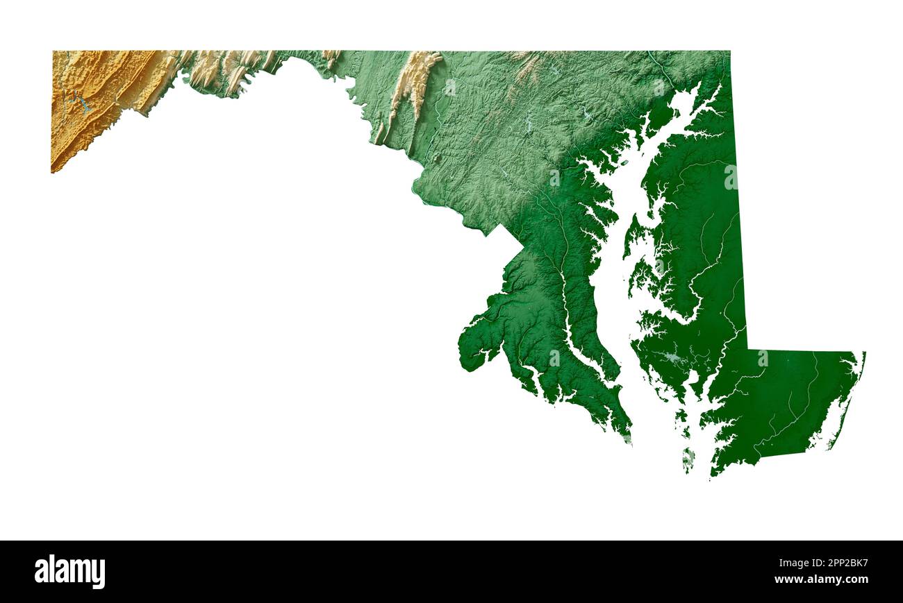 The US state of Maryland. 3D rendering of shaded relief map with  water bodies. Colored by elevation. White background. Created with satellite data. Stock Photo