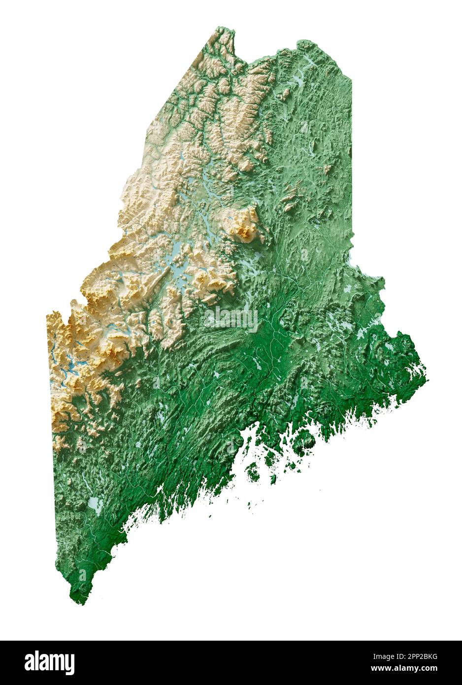The US state of Maine. 3D rendering of shaded relief map with  water bodies. Colored by elevation. White background. Created with satellite data. Stock Photo