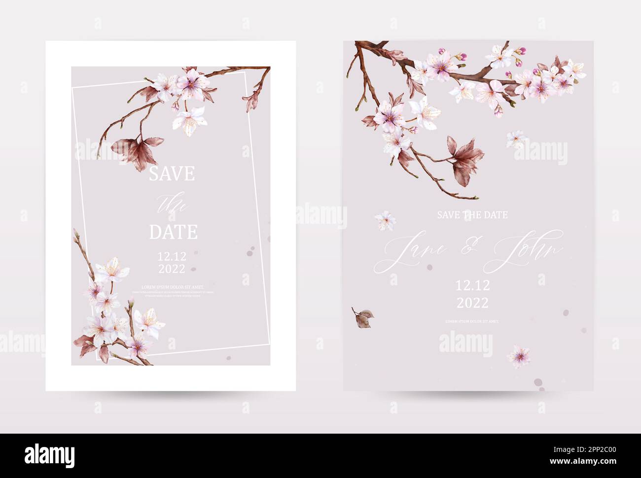 Watercolor cherry blossoms blooming invitation template cards set. Collection viva magenta watercolor flowers vector is suitable for Wedding invitatio Stock Vector