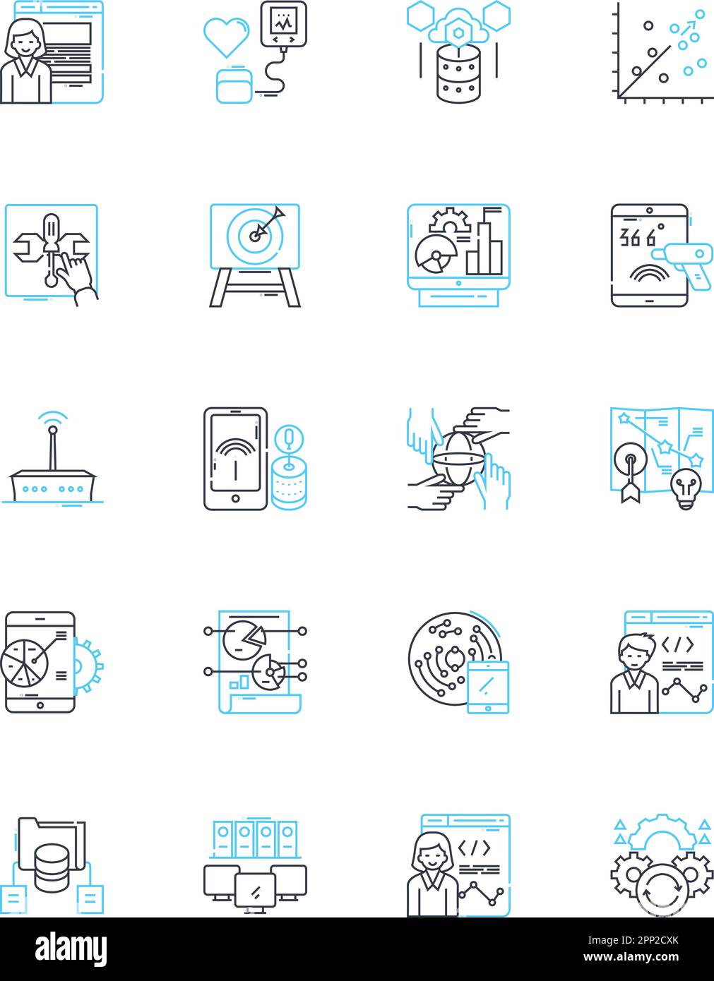 Knowledge organization linear icons set. Cataloging, Indexing, Taxonomy