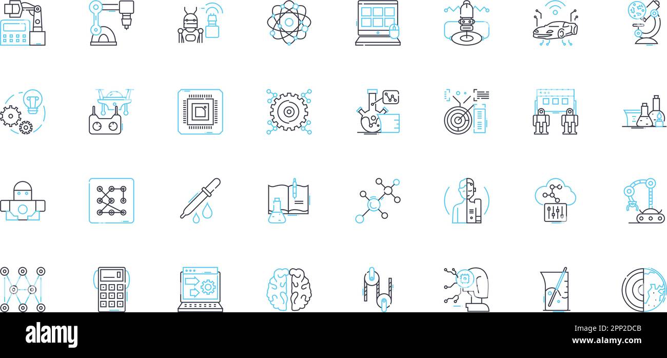 Imitation innovation linear icons set. Mimicry, Replication, Copying, Emulation, Impersonation, Reenactment, Reduplication line vector and concept Stock Vector