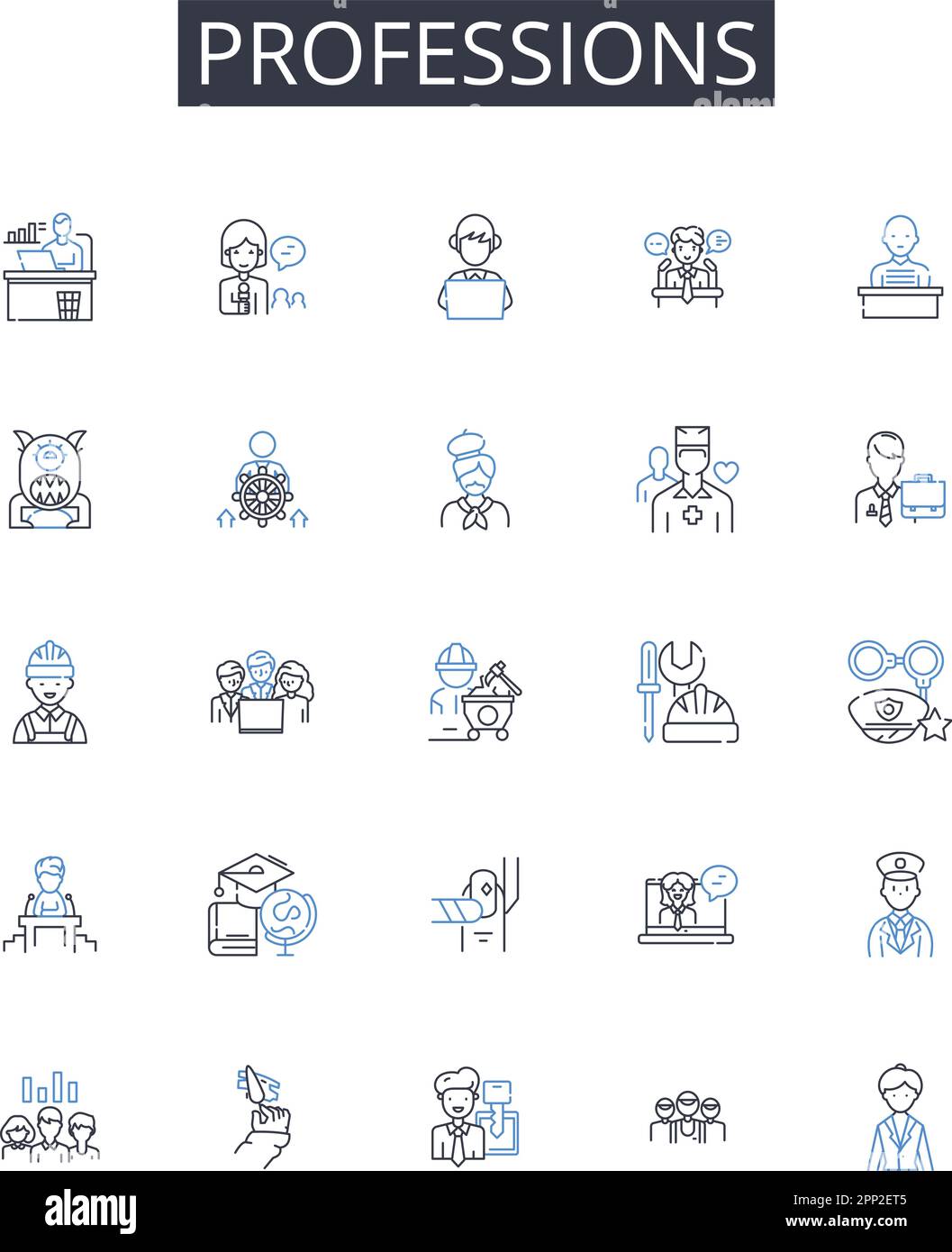 Professions line icons collection. Careers, Vocations, Occupations, Workforce, Tradespeople, Jobs, Employment vector and linear illustration Stock Vector