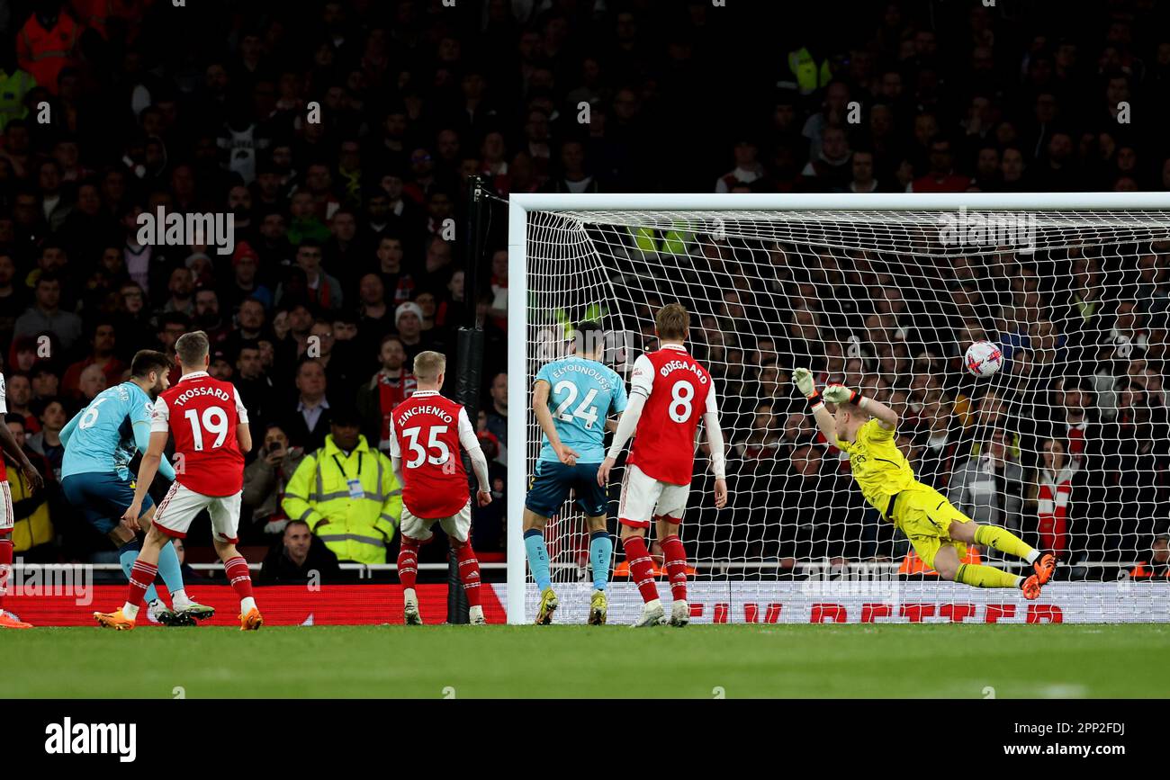 London, UK. 21st Apr, 2023. Duje Caleta-Car of Southampton heads there third goal during the Premier League match at the Emirates Stadium, London. Picture credit should read: David Klein/Sportimage Credit: Sportimage Ltd/Alamy Live News Stock Photo