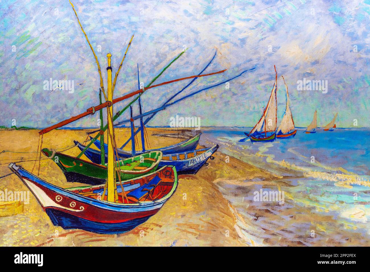 Fishing boats on the beach at Saintes Maries, Vincent Van Gogh painting Stock Photo