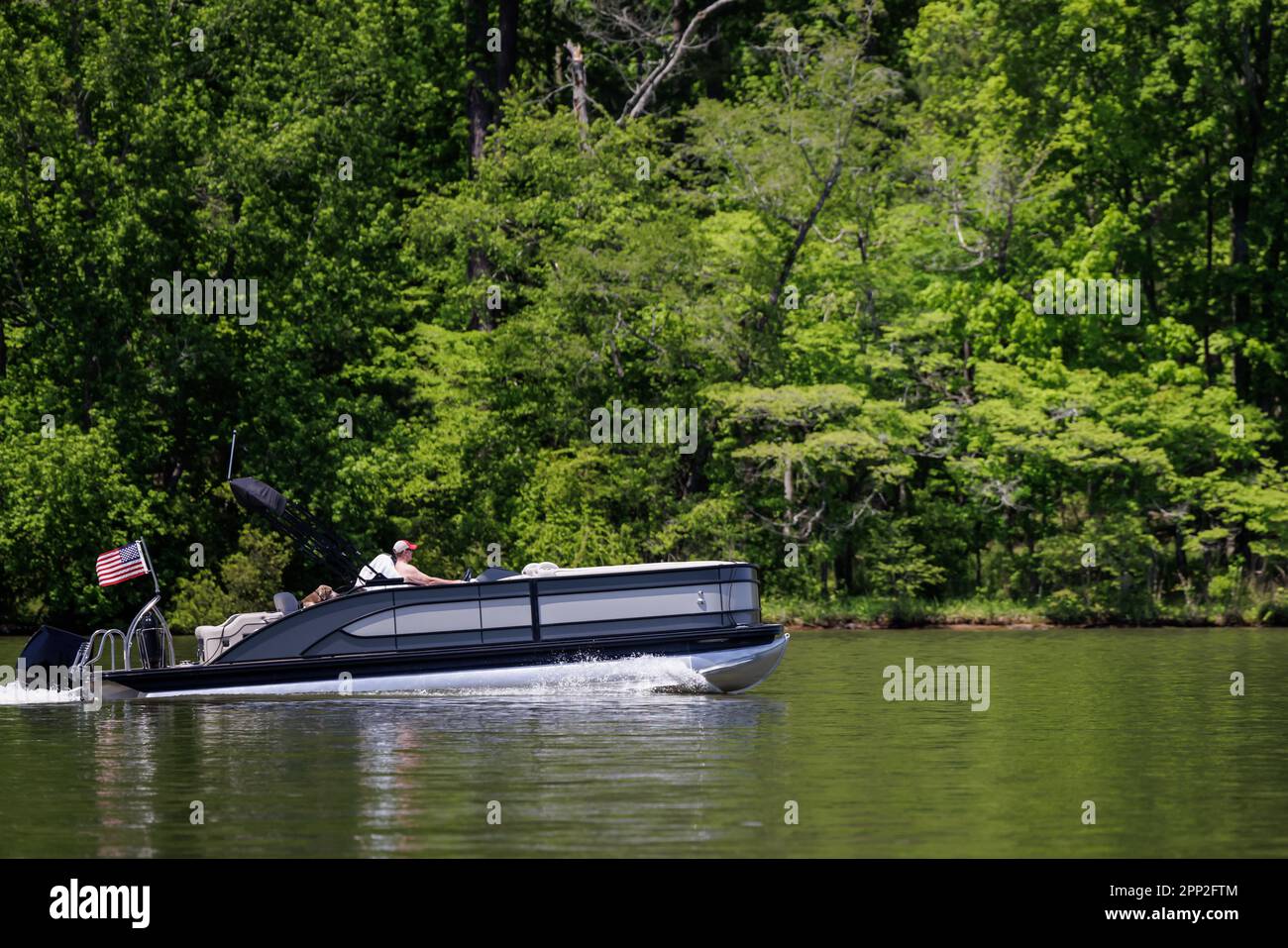 Man and pet dog on pontoon boat enjoy summer day on Lake. Pontoon party boat cruising on freshwater lake. Stock Photo