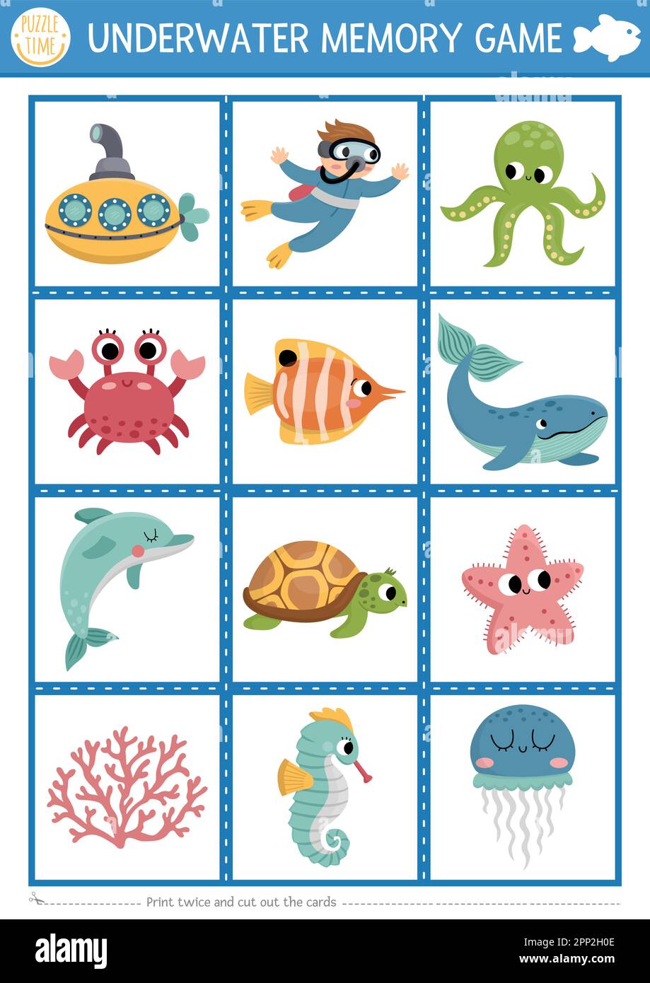 Vector under the sea memory game cards with cute octopus, fish