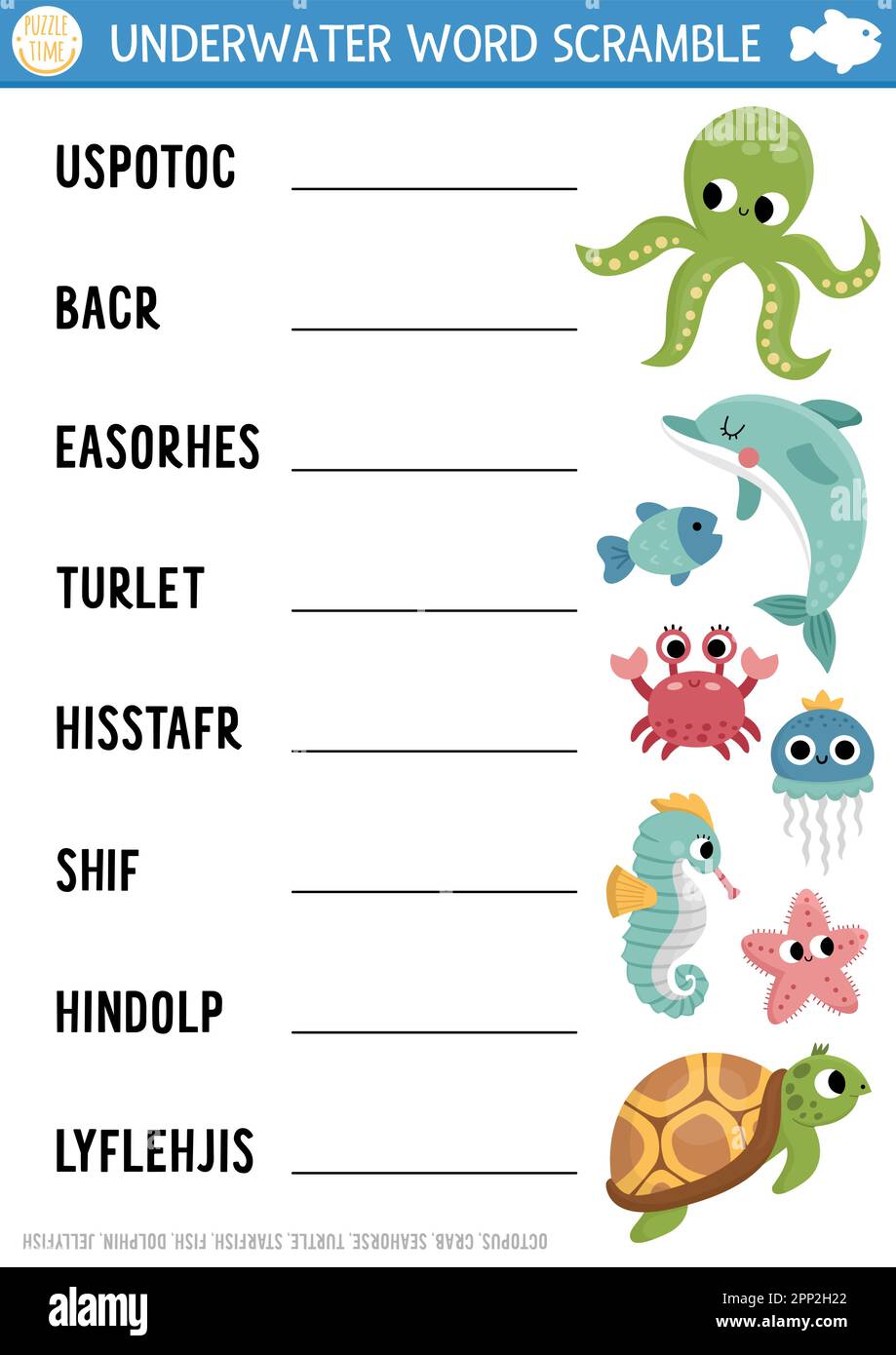 Vector under the sea word scramble activity page english language game