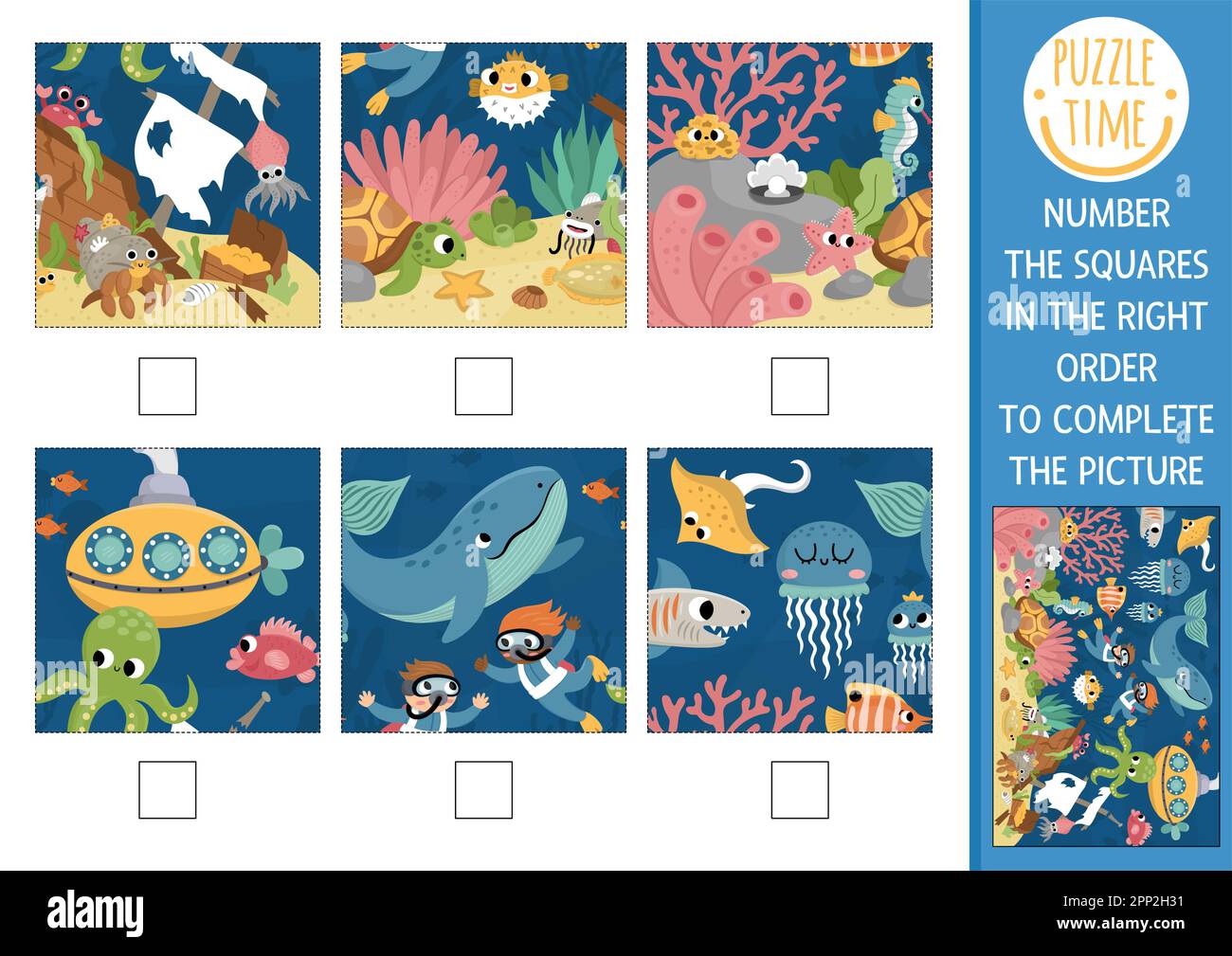 Vector under the sea activity. Ocean life complete the picture logic game with underwater landscape. Fun printable worksheet for kids. Find right piec Stock Vector